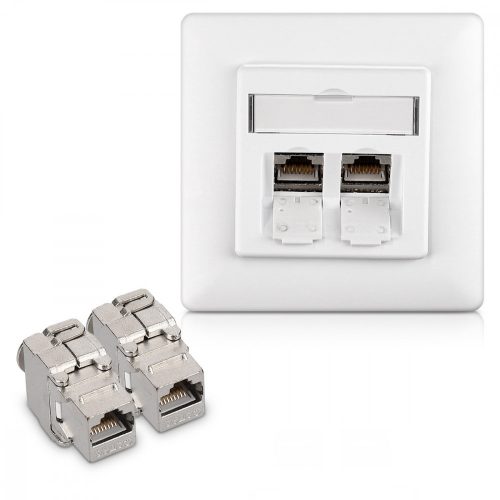 Sada 1 RJ45 10G dvojitá síťová zásuvka se 2 zástrčkami CAT 6A, Kwmobile, bílá, kov, 45360.01