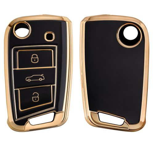 Krytka na klíče od auta pro VW / Škoda / Seat - 3 tlačítka, kwmobile, Silicon, Black / Gold, 56006.01