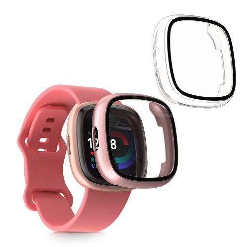 Sada 2 ks krytů Kwmobile s bezpečnostním sklem pro Fitbit Versa 4/Sense 2, transparentní/růžový, plast, KWM000024UJ003C