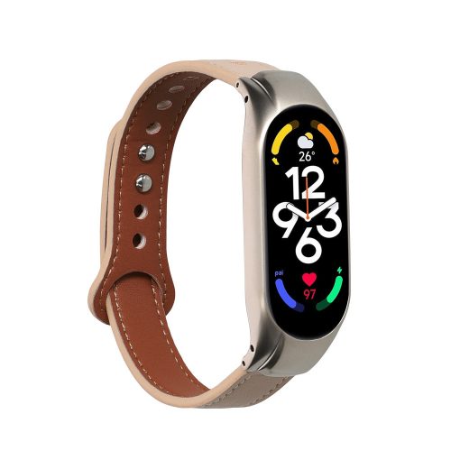 Řemínek Kwmobile pro Xiaomi Mi Band 7, béžová/hnědá, přírodní kůže, KWM000024YZ002C