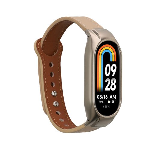 Řemínek Kwmobile pro Xiaomi Mi Band 8, béžová/hnědá, přírodní kůže, KWM0000252F002C